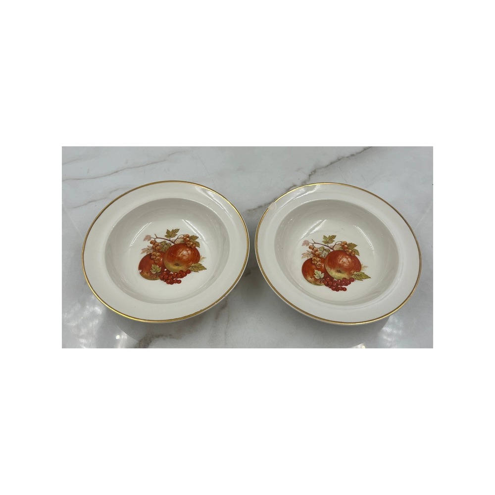 Crown Devon Staffordshire England Fruit Motif Bowls Set of 2 Gold Rim Vintage